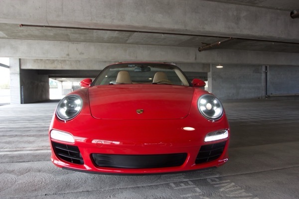 Front view in garage with LED headlights on